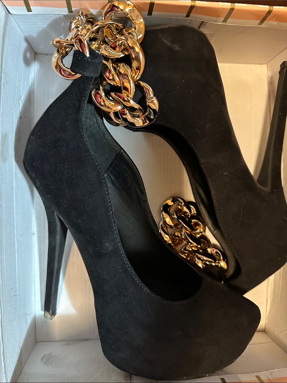 Black Suede Platform Pumps with Gold Chain Anklet attached- Women's Heels